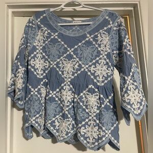 Anthropologie Kindred Boho Top Blue Embroidered Scalloped Hem Bell Sleeve M